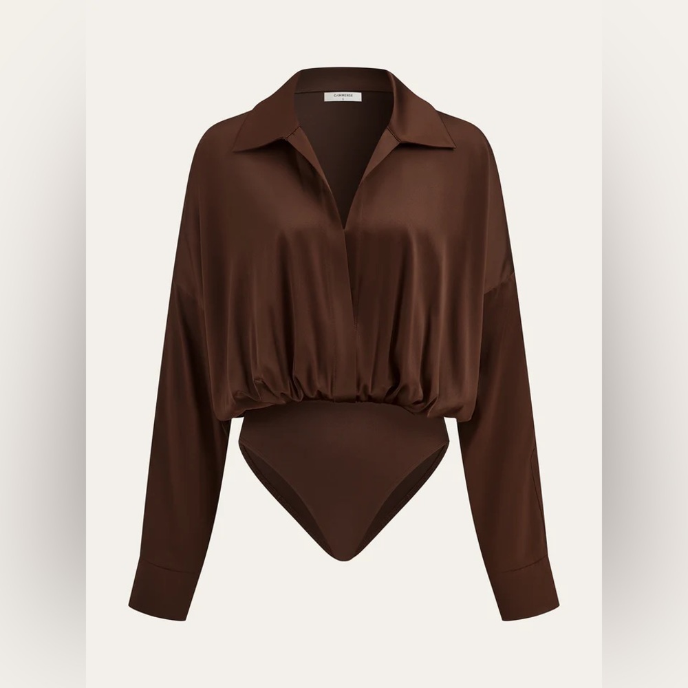 Brown Satin Bodysuit Blouse